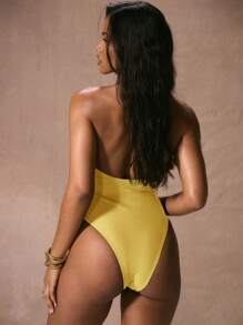 Musera Resort Halterneck Plunge Neckline Strappy Cross Front High Leg One-Piece Swimsuit Vacation Spring Summer Sexy Beach Resort Girly Pastel Holiday - Yellow - View 3