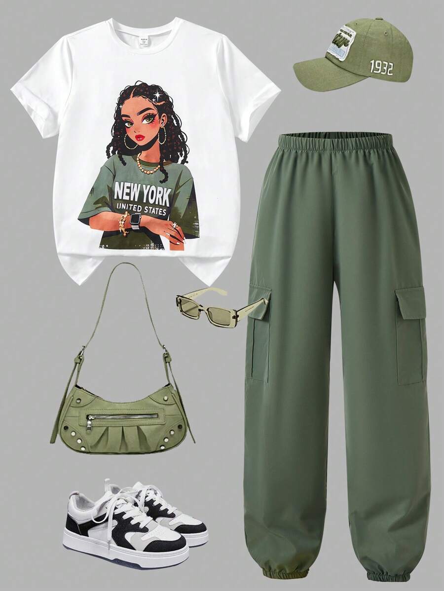 SHEIN 2pcs Set: Teen Girl Casual Cool Graphic Print Round Neck Short Sleeve T-Shirt Top And Loose Cargo Pocket Pants, Army Green Chic Outfit For Everyday And Outing