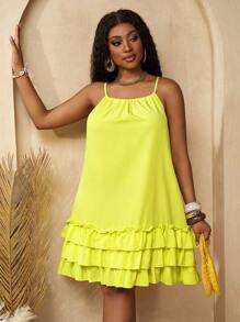 Slaydiva Plus Size Mustard Yellow Tiered Sundress: Casual Woven Spaghetti Strap Mini Dress For Summer - Mustard Yellow - View 8