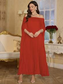 SHEIN Clasi 女士纯色露肩优雅褶皱连衣裙 - 紅色 - 查看 5