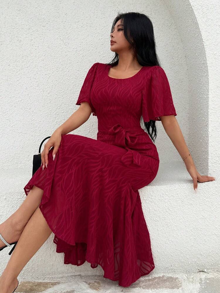 Women's Elegant Waist Fitted Fish Tail Hem Long Dress, Summer Red Women Dresses