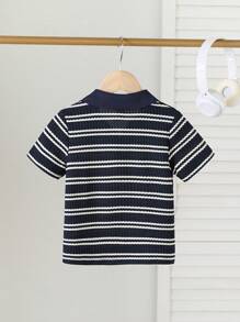 SHEIN 1pc Young Boy Casual Collegiate Waffle Stripe Pique Polo Shirt, Suitable For 4-7 Year Old Boys To Wear In Spring & Summer, Suitable For Outdoor, School, And Home Wear - Royal Blue - View 2
