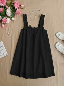 Flirla Vestido mini com babados em A-line, com alças grossas, vestido casual de boneca em cor sólida, verão - Preto - Visão 5