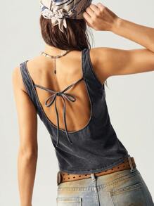 Bohemela Áo hai dây bó lưng đan màu trơn cho nữ - màu đen - Xem 2