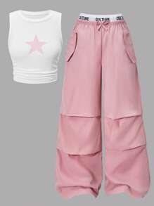 SHEIN ChillGRL 两件套少女星形印花侧边抽绳背心搭配撞色腰部工装口袋裤，街头休闲时尚，春夏假日风 - 粉色 - 查看 7