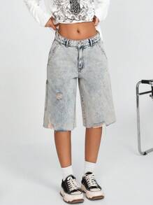 SHEIN Jeans corti a vita bassa, tinti e strappati