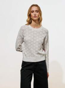 Lumivelle 女式杏色圆领镂空针织毛衣 春夏针织套头衫 秋冬 - 杏色 - 查看 4