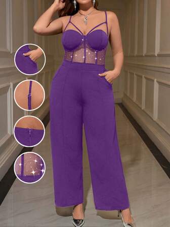 SHEIN Privé 大码优雅通勤职场精致高端会场精致下午茶略带性感约会音乐会派对INS复古学院风文胸吊带网眼亮片设计口袋连体裤，节日；新年；派对；优雅办公室仙女裤