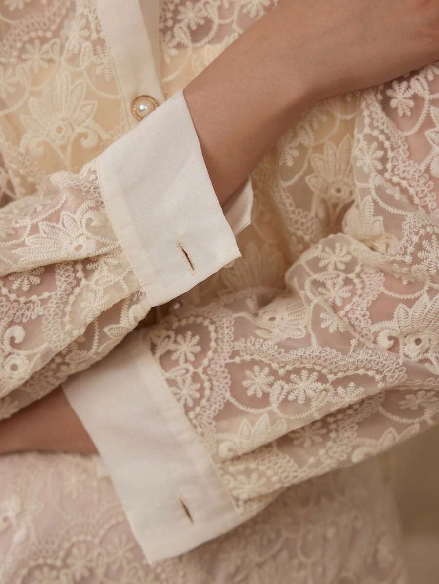 MOTF PREMIUM LACE SHEER BUTTON UP SHIRT - Apricot - View 2