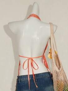 SHEIN ICON Women's Summer Floral Print Halter Neck Asymmetrical Hem Tank Top - Orange - View 7