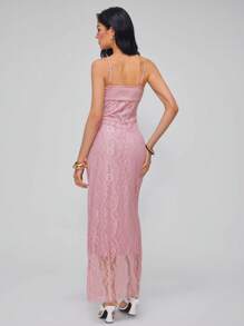 Roylia 女士优雅缎面与撞色蕾丝细肩带连衣裙，修身剪裁