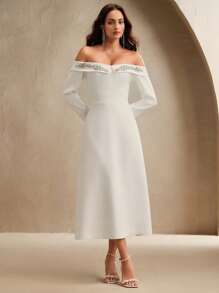 Anewsta Off-White Autumn Elegant Long Sleeve Off Shoulder Sparkling Embellished Long Dress,Modest Business Casual Outfit For Dining,Party,Graduation - Beige - View 6