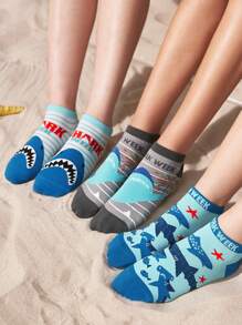 Shark Week X SHEIN 3 pares de calcetines casuales de tobillo suaves, transpirables y que absorben la humedad con patrón a rayas de tiburón, grises y azules, cortos y fashion, con refuerzo en la punta y el talón para mayor durabilidad, unisex para hombres y mujeres, para todo el año