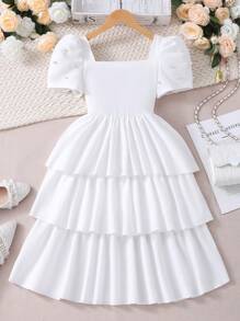 Girl's Solid Color Pearl Square Neck Cake Dress - White - View 9