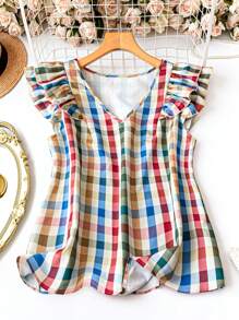 SHEIN LUNE Chemisier casual à imprimé à carreaux pour femme grande taille, pour l'été