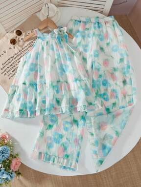 2pcs Girls Floral Print Halter Ruffle Trim Blouse & Loose Straight Pants Set, Comfortable Fabric For Spring/Summer Holiday Fashion