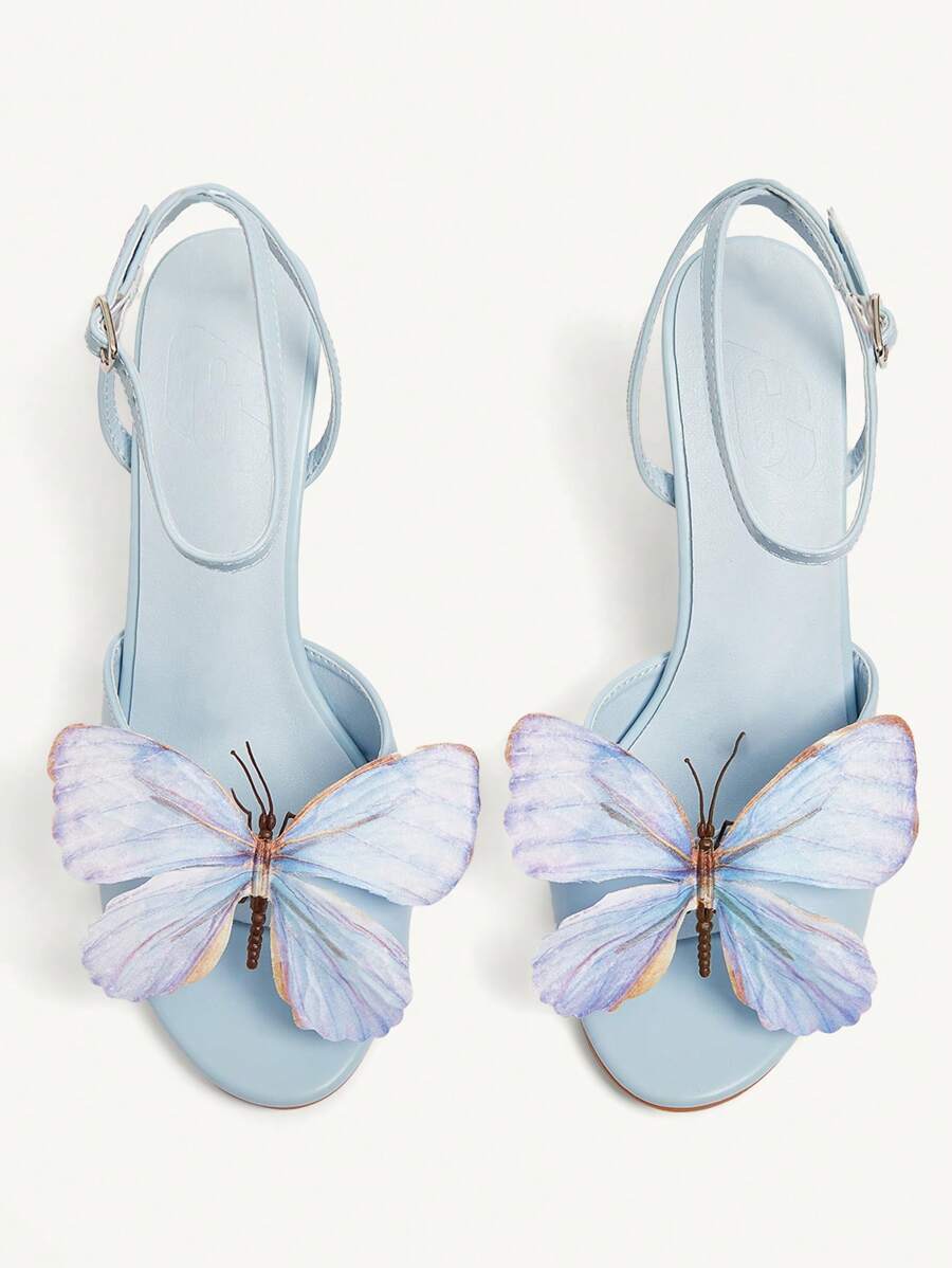 CUCCOO CHICEST 女士夏季新款蝴蝶带交叉圆头细高跟优雅时尚浅蓝色仿皮高跟凉鞋，非常适合下午茶、约会、派对、度假、海滩 - 藍色 - 查看 1