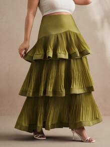 Anewsta 女式橄榄绿加大码高腰加长褶皱 A 字裙，休闲度假、节日、复活节、春季