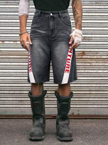 AXEPEAK 男士时尚街头印花侧缝拼接牛仔短裤
