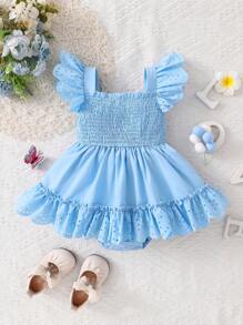 Infant Girls' Summer Vacation Style Pale Blue Drawstring Dress, With Hollow Out Ruffle Hem, Suitable For Summertime Vacation Outings - Blue - View 2
