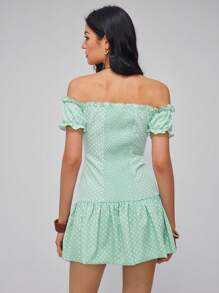 Rafferiza Women's Polka Dot Print Ruffle Edge Off Shoulder Mini Dress - Green - View 2
