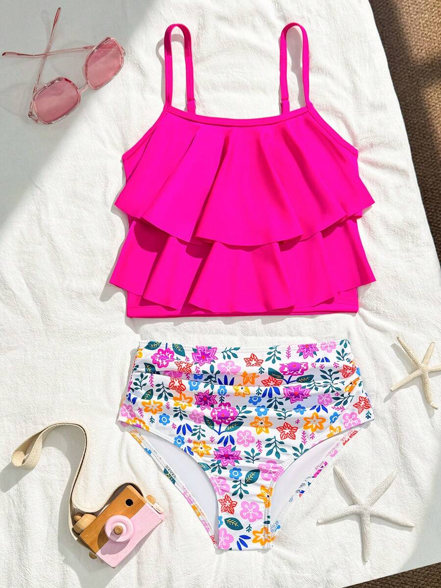 SHEIN Conjunto de bikini con camisola de moda para niñas preadolescentes en verano - Multicolor - Ver 1