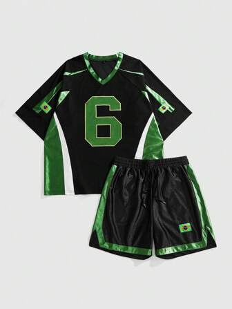 Prep Conjunto casual de camiseta de manga corta con cuello en V y estampado gráfico, y pantalones cortos con cordón en la cintura para hombre