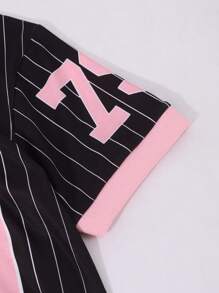 Sparklyn 青少年女孩基本款美式街头休闲运动复古队号条纹V领超大黑色边饰T恤 - 黑色 - 查看 7