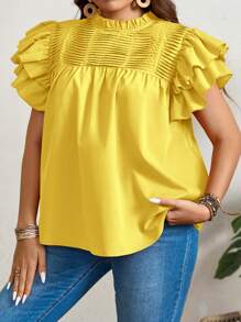 SHEIN LUNE Áo cánh tay lửng hai lớp màu trơn thường ngày cỡ lớn cho nữ - Màu vàng - Xem 6