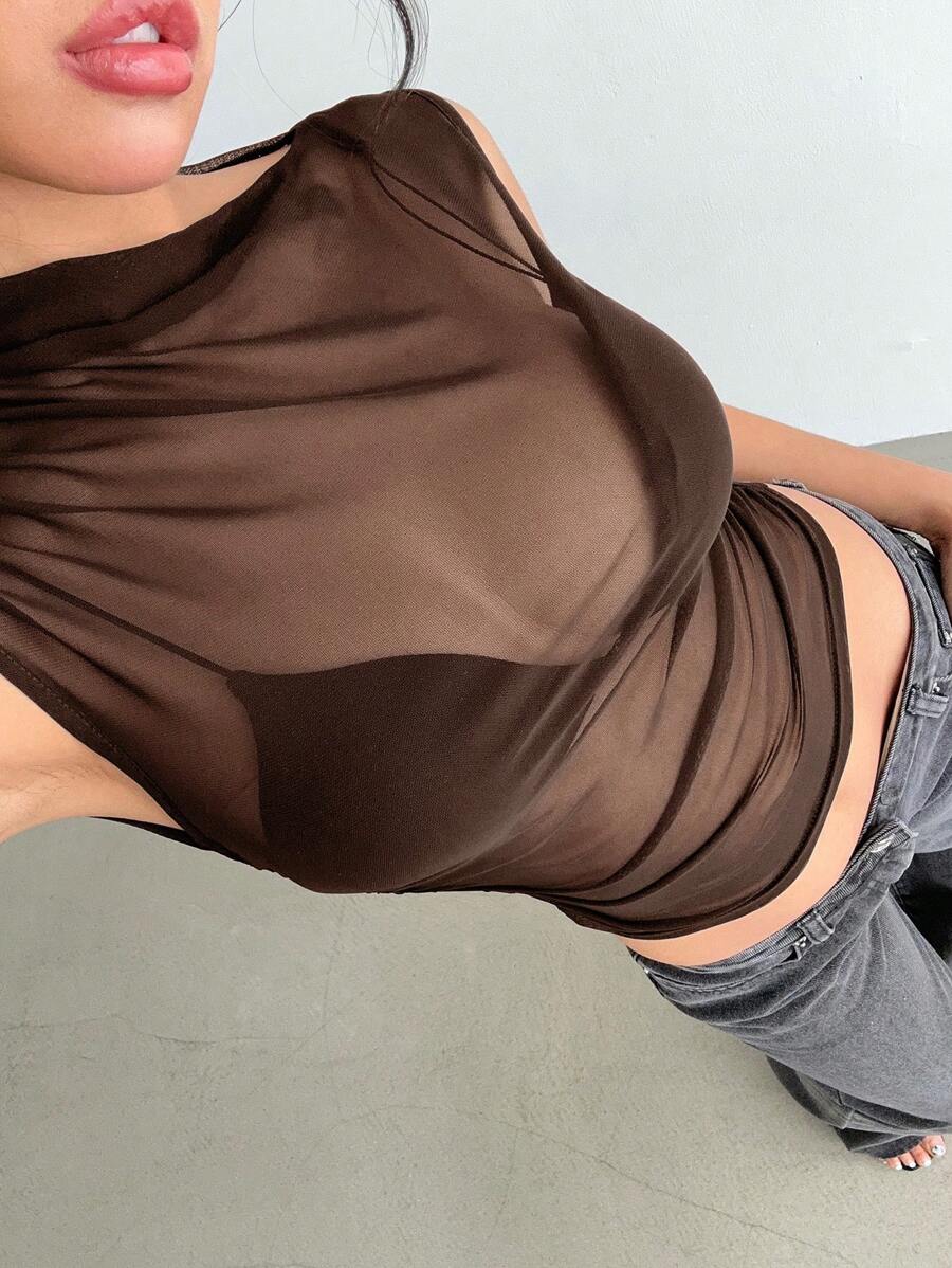 Siren Gaze Black Mesh Draped Round Neck Blouse, Mesh Sheer Top, Outerwear Blouse, For Women Brown Summer Casual - Coffee Brown - View 1
