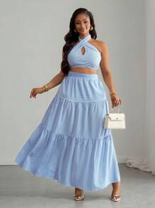 Slaydiva 2pcs Plus Size Women Vacation & Elegant Party Outfit: Blue And White Striped Sleeveless Halter Cropped Top With Tie Waist And Layered Skirt, 2025 Spring/Summer - Blue and White - View 8