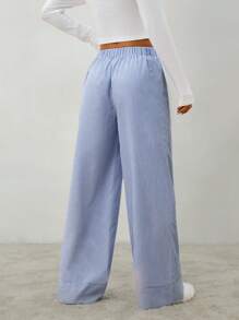 SHEIN PETITE 女士休闲通勤条纹阔腿裤 - 藏蓝色 - 查看 2