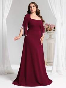 Coutiva Đầm dạ hội trang trọng cổ vuông ôm sát đính hạt cỡ lớn, Đầm dự tiệc, Váy dài, Dành cho khách dự tiệc cưới - Màu Đỏ Sâu - Xem 5