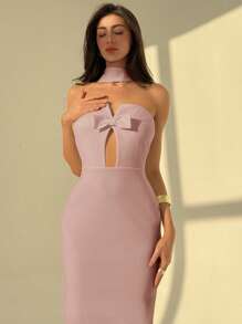 Aloruh Wedding Season Wrap Collar Model Slit Bow Detail Bodycon Dress For Women - Pink - View 1