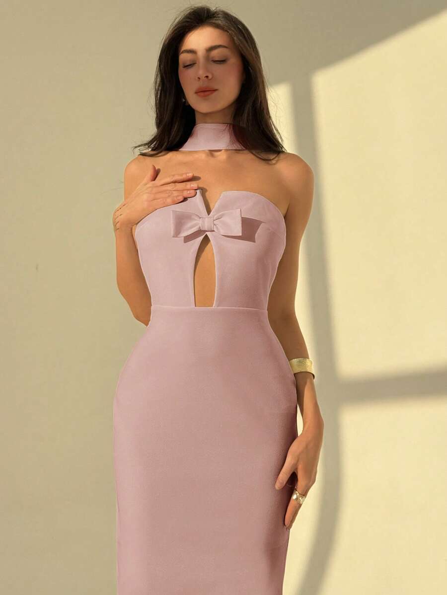 Aloruh Wedding Season Wrap Collar Model Slit Bow Detail Bodycon Dress For Women - Pink - View 1