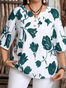 EMERY ROSE Plus Size Women Floral Print Casual Beach Holiday Shirt - Dark Green - View 4