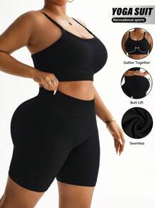 Easithlete Plus Size Women Solid Color Camisole & Shorts Seamless Sports Set - Black - View 2