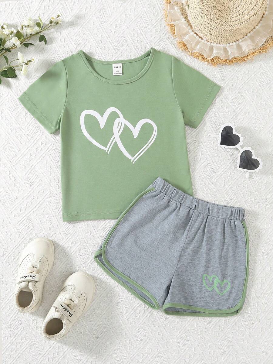 SHEIN 2pcs/Set Young Girl Mother's Day Dopamine Heart Print Casual Short Sleeve T-Shirt And Contrast Trim Shorts, Summer Summer Young Girls Sets Summer - Green - View 1