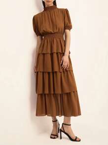 Chiquease 夏季法式泡泡袖多层蛋糕长裙 - 棕色 - 查看 2