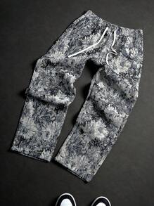 Manfinity Homme Men's Casual Daily Wear, Perfect For Seaside Vacations, Featuring An INS-Style Loose Straight-Leg Long Pants In A Blue-Toned Impressionistic Romantic Floral Color-Woven Texture Jacquard. These Pants Come With An Elastic Waistband And Are Suitable For Hawaiian Beach Getaways, Music Festivals, And Everyday Wear, Making Them An Ideal Gift For Boyfriends Or Husbands. Baggy Pants , Flower Pants Men , Floral Pants Men,Men's Resort-Casual Style, Inspired By INS, Featuring Vintage Spring-Themed Bird, Branch, And Floral Jacquard Loose-Fit Straight-Leg Pants With An Elastic Waistband. Perfect For Music Festivals, Hawaiian Beach Vacations, And Everyday Wear. It Also Makes A Great Gift For A Boyfriend Or Husband. - Light Grey - View 3