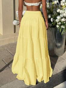 MainGRL Women's Yellow Pleated Ruched Hem A-Line Skirt, Summer,Butter Yellow - Yellow - View 2