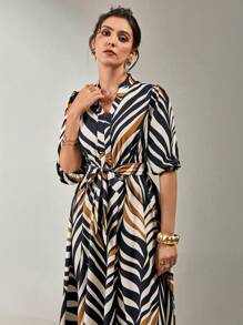 SHEIN Clasi Đầm midi in họa tiết đơn giản cổ chữ V dài vừa phải tay cài nút trang trí cho nữ - Nhiều màu - Xem 4