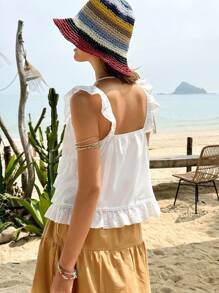 Jouncy Top de vacances pour femmes avec décoration de volant,nœud et broderie ajourée