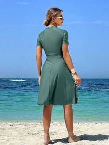 Swim Mulvari 2 pièces Robe longue asymétrique à manches courtes avec fermeture éclair, couleur unie pour le printemps, mode plage et vacances pour femmes