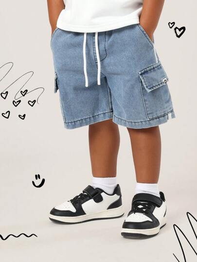 SUMWON Barn Cargo Jeansshorts Resår i midjan Dragsko Sommar Casual Lek Atletisk Lös passform Justerbar Bekväma Bomull Utomhus Äventyr Lekkläder