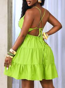 BamGleam Women's Sexy Deep V-Neck Ruffle Trim Neon Green Dress - Green - View 2
