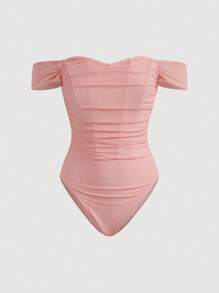 SHEIN MOD Women's Pink Knitted Off-The-Shoulder Bodysuit: Casual Short Sleeve Style With Zipper Detail - Pink - View 1