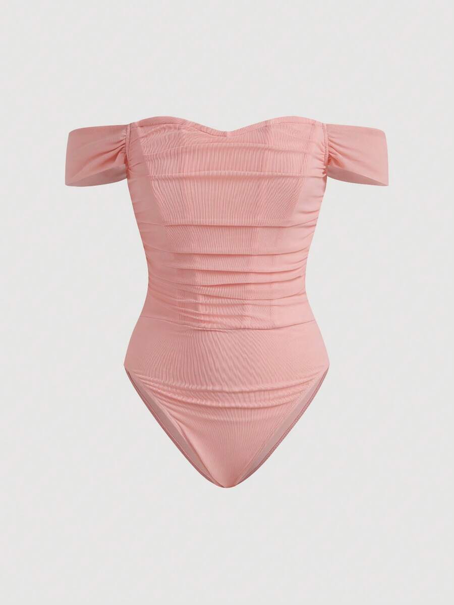 SHEIN MOD Women's Pink Knitted Off-The-Shoulder Bodysuit: Casual Short Sleeve Style With Zipper Detail - Pink - View 1