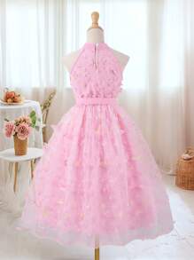 Sparklyn 少女 3D 花朵和蝴蝶设计露背连衣裙，春夏新品，适合派对、生日、婚礼 - 淺粉色 - 查看 2