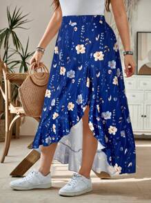SHEIN LUNE Plus Size Women Summer Bohemian Flower Print Short Front And Long Back High Waist Design Casual Holiday Women's Skirt - Navy Blue - View 5